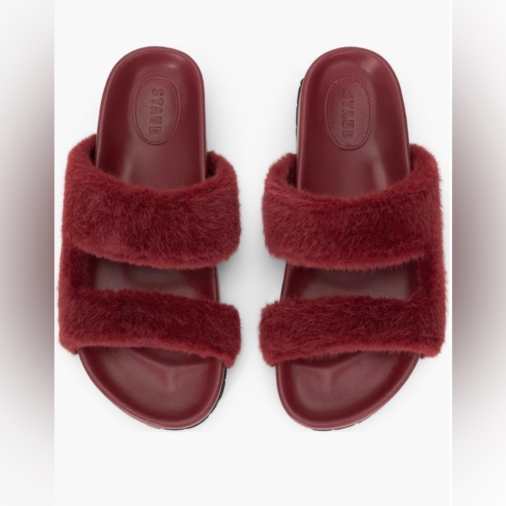 STAUD Cyprus Faux Fur Leather Slide Sandals Maroon Burgundy Merlot Red Size 8